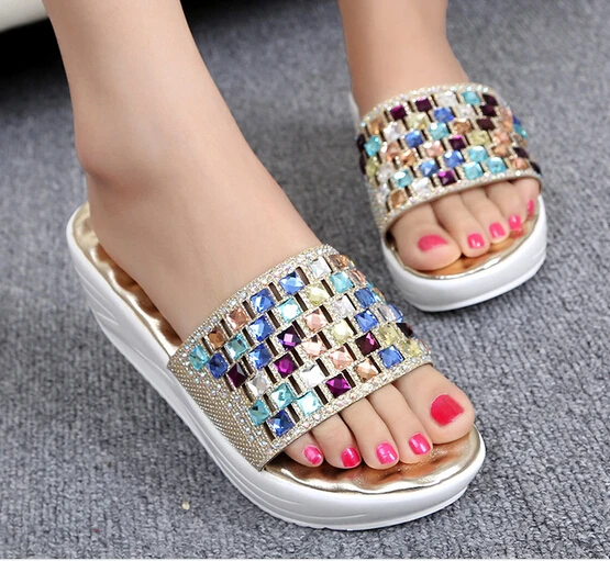 Стразы босоножки на танкетке 2019 корейские новые европейские туфли платформе