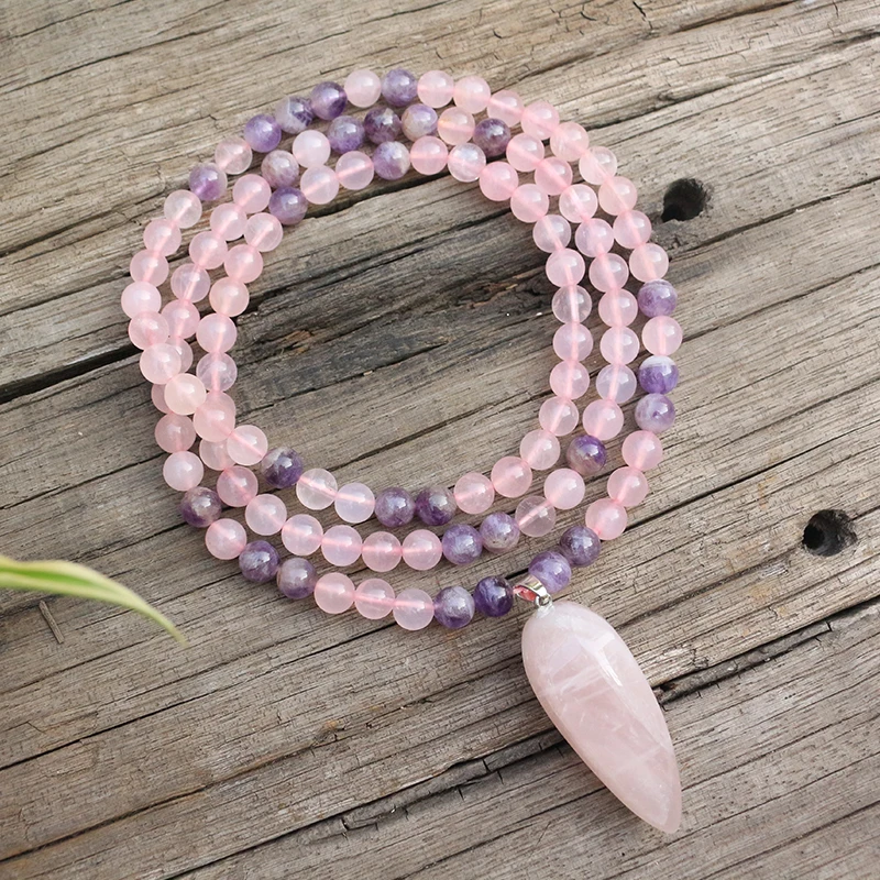 Бусины из натурального камня 8 мм аметист розовый кварц и кулон наборы джарамала