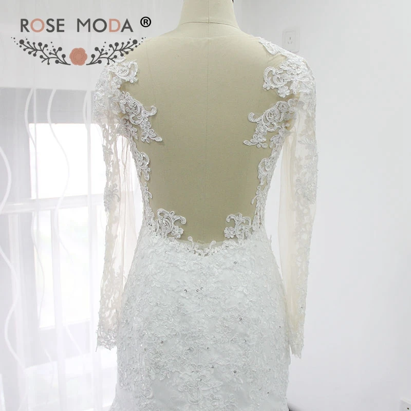 Роза Moda реальное изображение с длинным рукавом кружево Русалка свадебное платье Иллюзия Назад назначения Свадебные платья