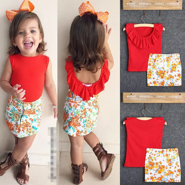 hot new Fashion 2pcs Kids Baby Girls o-neck short sleeve T-shirt Tops+ floral Mini Skirt Outfit Clothes Set | Детская одежда и