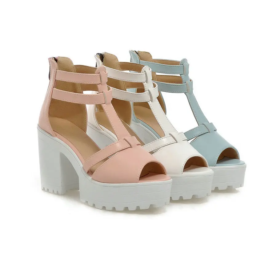 Plus Size 11 12 Punk Style Ladies Zipper Wedding Shoes T-strap Peep Toe Summer Platform Women Shoe Square High Heel Woman Pumps | Обувь