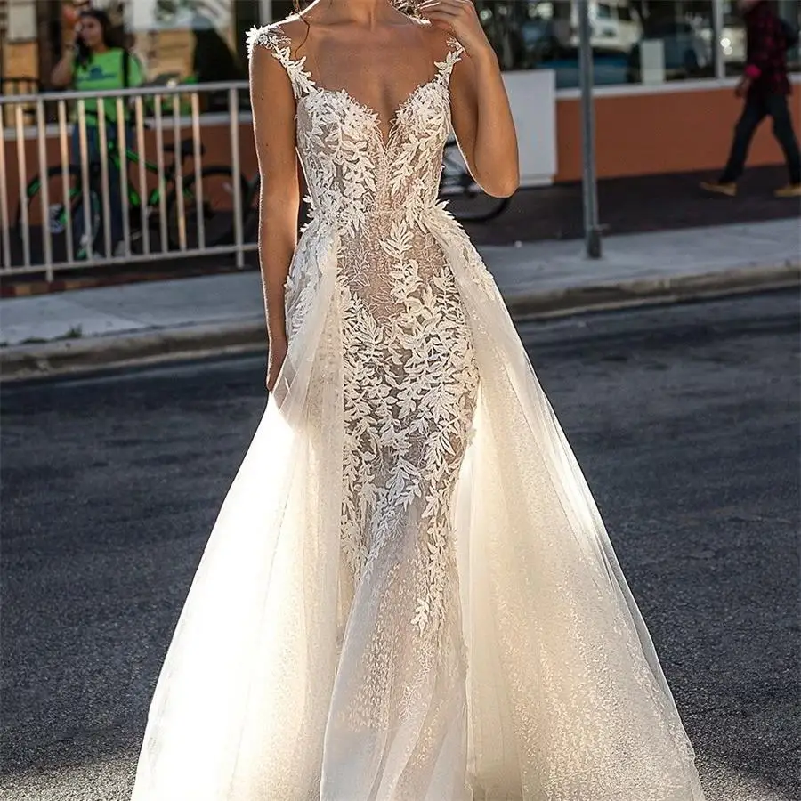 Свадебное платье русалки на заказ со съемным шлейфом 2019 с открытой спиной