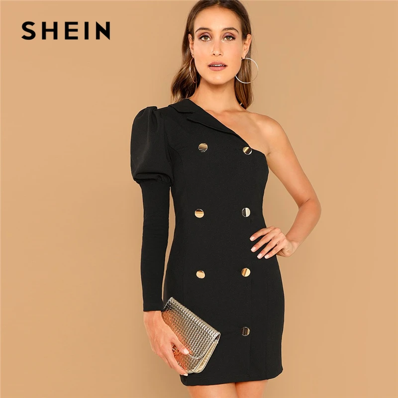 SHEIN Платье На Одно Плечо, Вечернее Платье С Длинным Рукавом И Декоративными Пуговицами