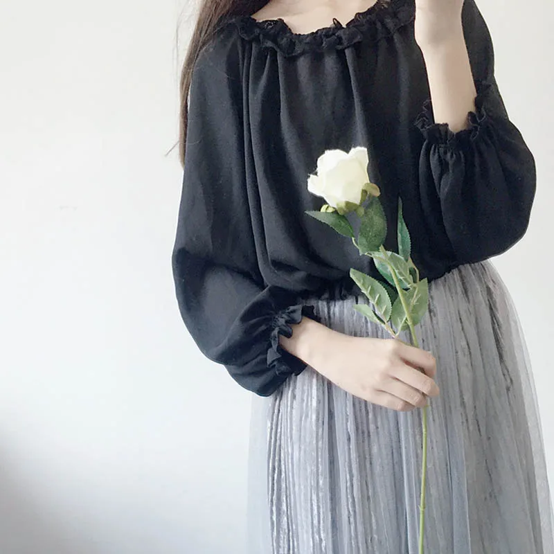 

2018 New Japanese Lolita basic models feminine blouse top loose wild lace lantern sleeves long sleeve chiffon shirt women