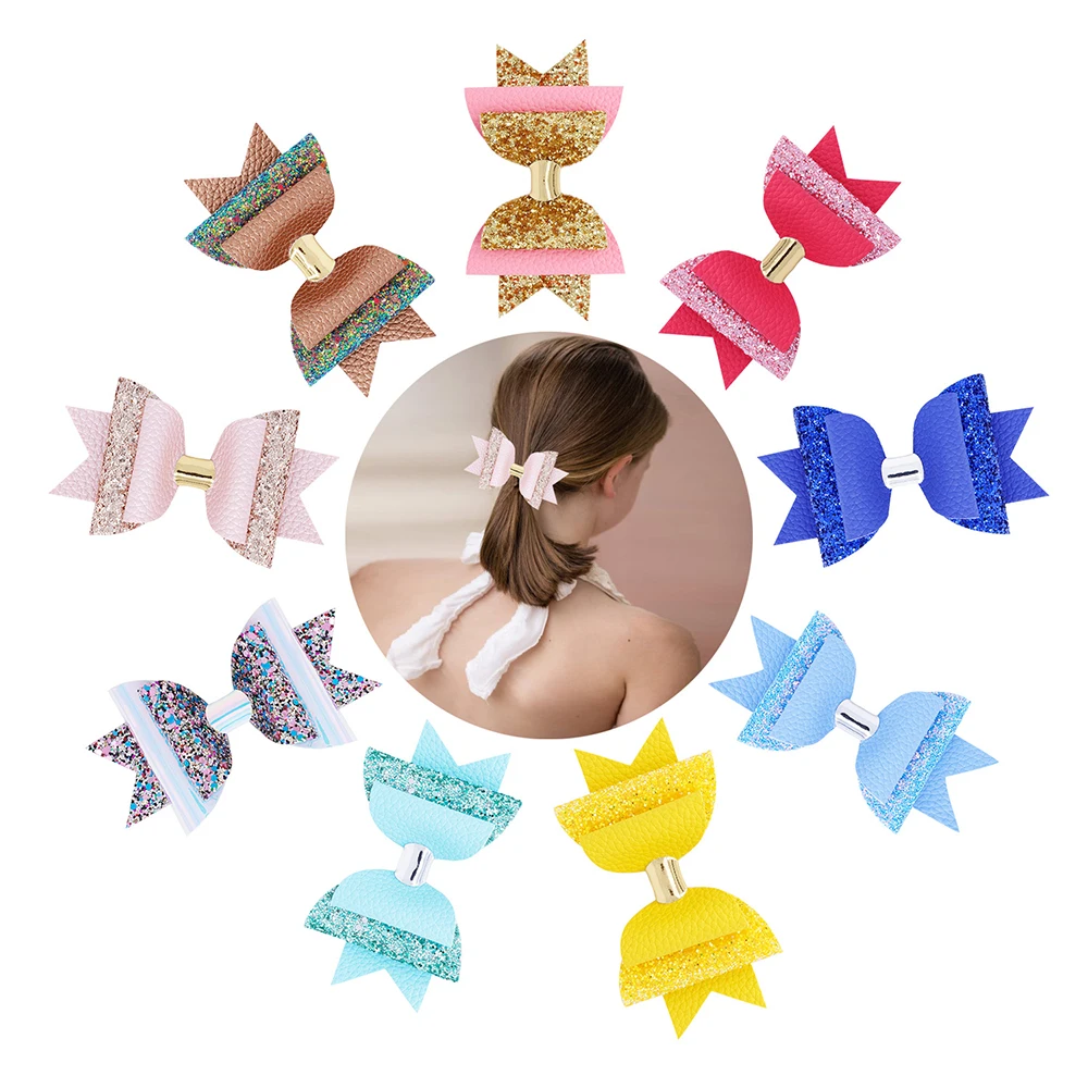 

9pcs/set Candy Color Sparkly Girls Hair Bows PU Leather Glitter Double Layer Hair Clips Pretty Ponytail Bows Party Headdress