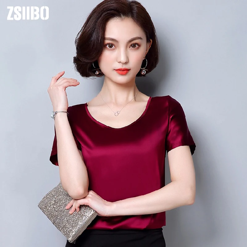 

Women blouse 2019 Korean style Large size silk chiffon shirt O neck tunic top satin short-sleeved stretch shirt plus size blouse