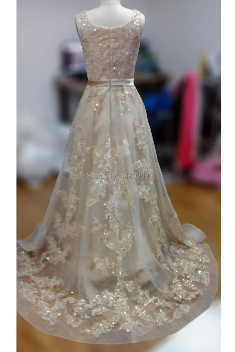 Свадебное платье из органзы цвета шампанского элегантное ТРАПЕЦИЕВИДНОЕ