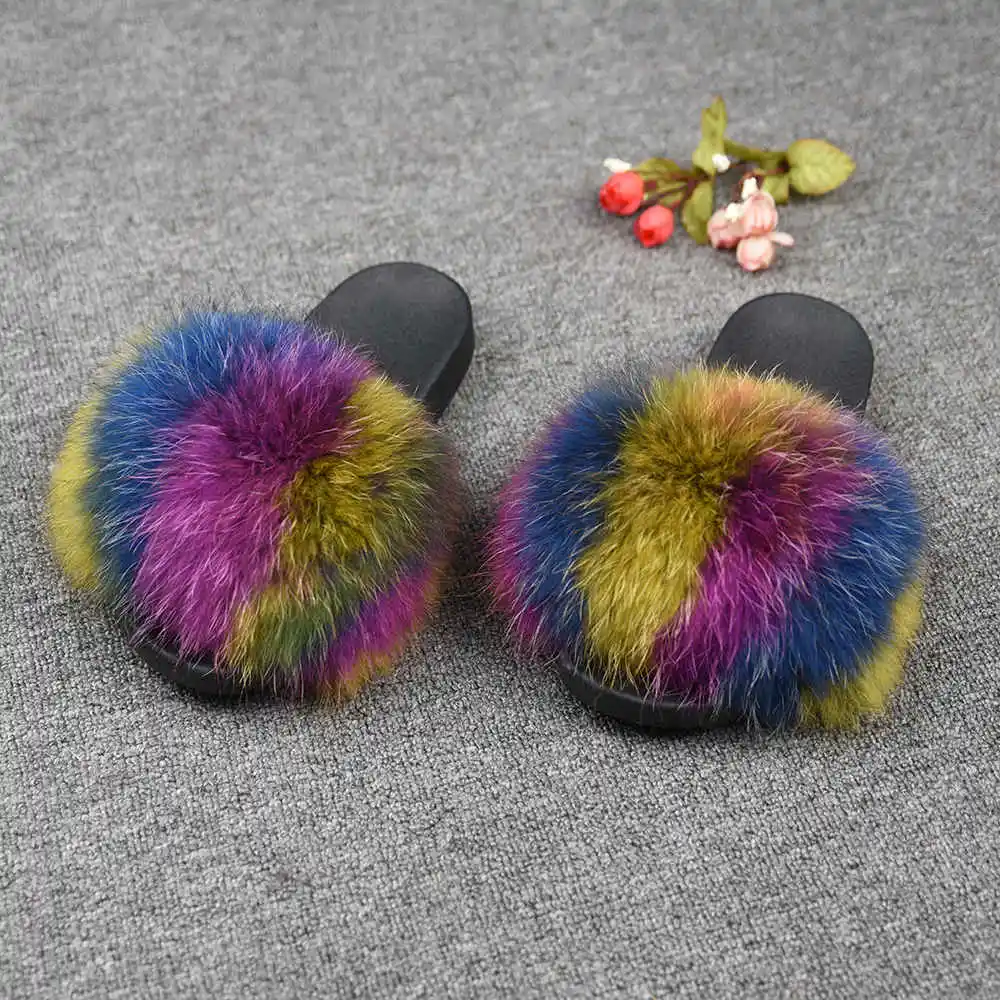 Raccoon Multicolor 2 Женские шлепанцы с натуральным мехом енота; модные стильные шлепанцы; сезон весна-осень-зима; Домашние вьетнамки на плоской подошве; S6020A - Цвет: Raccoon Multicolor 2