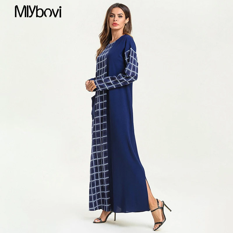 Striped Patchwork Women Dress Navy Blue Fashion Casual Maxi Muslim block Spring Summer Female Plaid islamic clothing 2019 | Женская