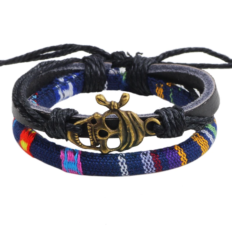 Мужской браслет CC160 кожаный тканевый в стиле панк с черепом|bracelets for|woven braceletleather