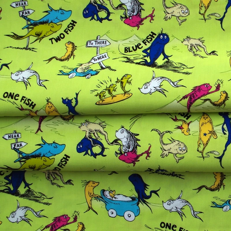 140cmx 100cm хлопчатобумажная тканая ткань Dr. Suess story fish (зеленый)|cotton woven fabric|woven fabricfabric