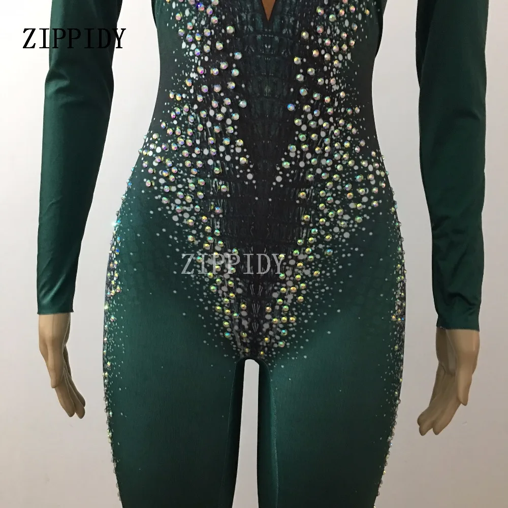 

Sexy Summer Green Rhinestones Jumpsuit Women DJ Bar Performance Dance Wear DS Female Singer MV Rhinestone Bodysuit