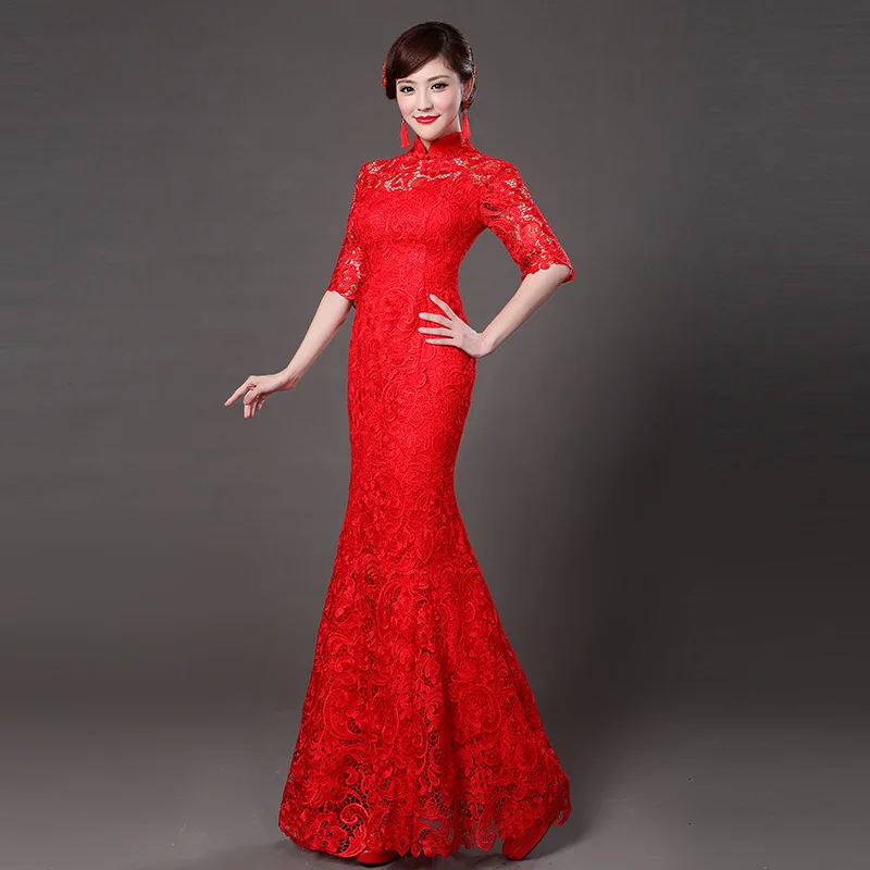 Современные китайские свадебные платья с коротким рукавом традиционное Ципао