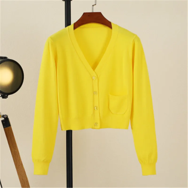 Женский Повседневный короткий кардиган облегающий однотонный вязаный с