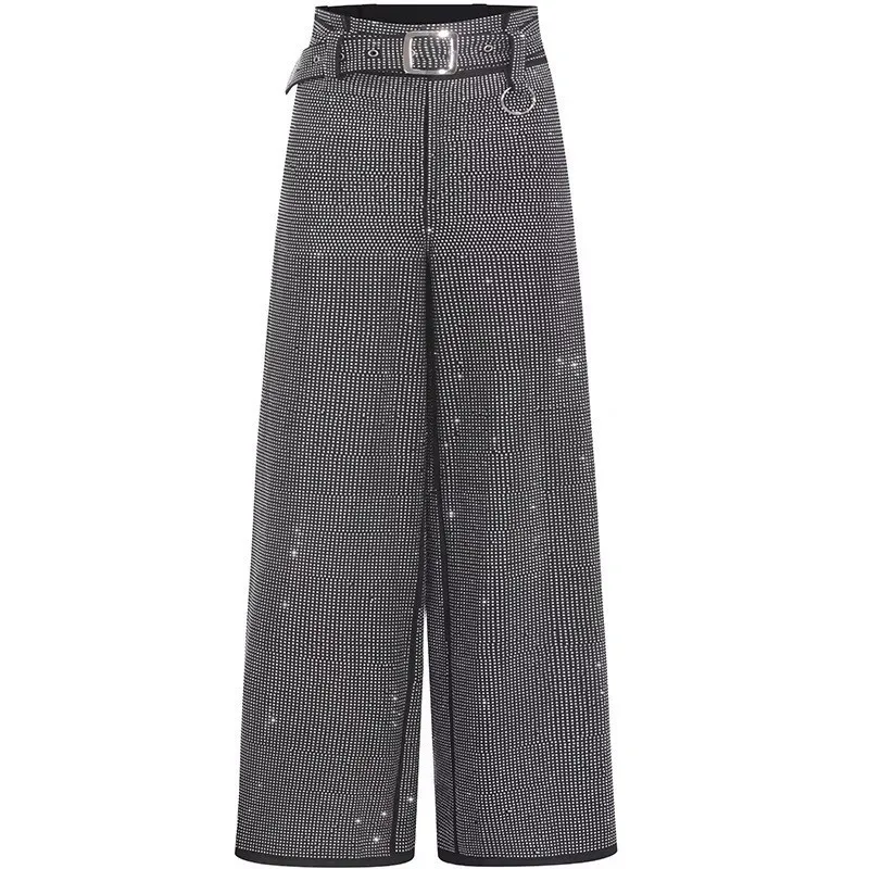 black pants TWOTWINSTYLE Алмазный лоскутный комплект из двух предметов для женщин с открытыми плечами топы без рукавов Высокая талия Большой размер широкие брюки женский костюм - Цвет: black pants