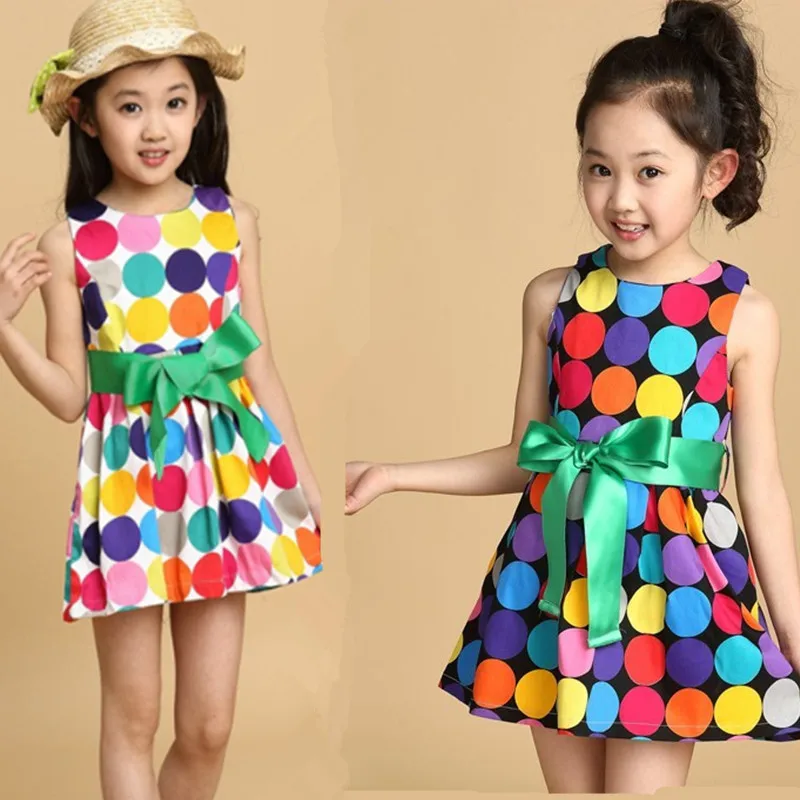 2016 summer girls dress toddler vest 3 4 5 6 7 8 9 10 years old kids rainbow dot Bow Princess Dress | Детская одежда и обувь