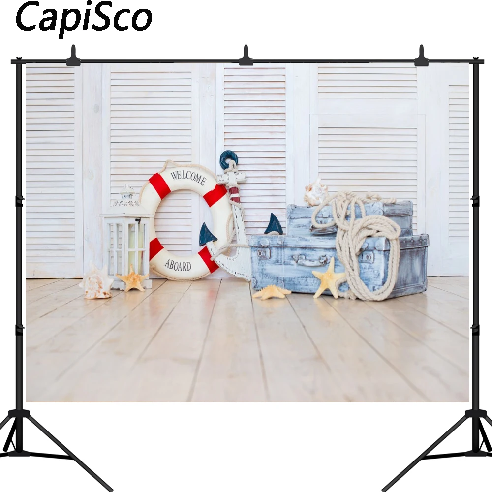 

Capisco Vinyl Photography Background White Wooden Door Lifebuoy Starfish Summer Children birthday Backdrops for Photo Studio