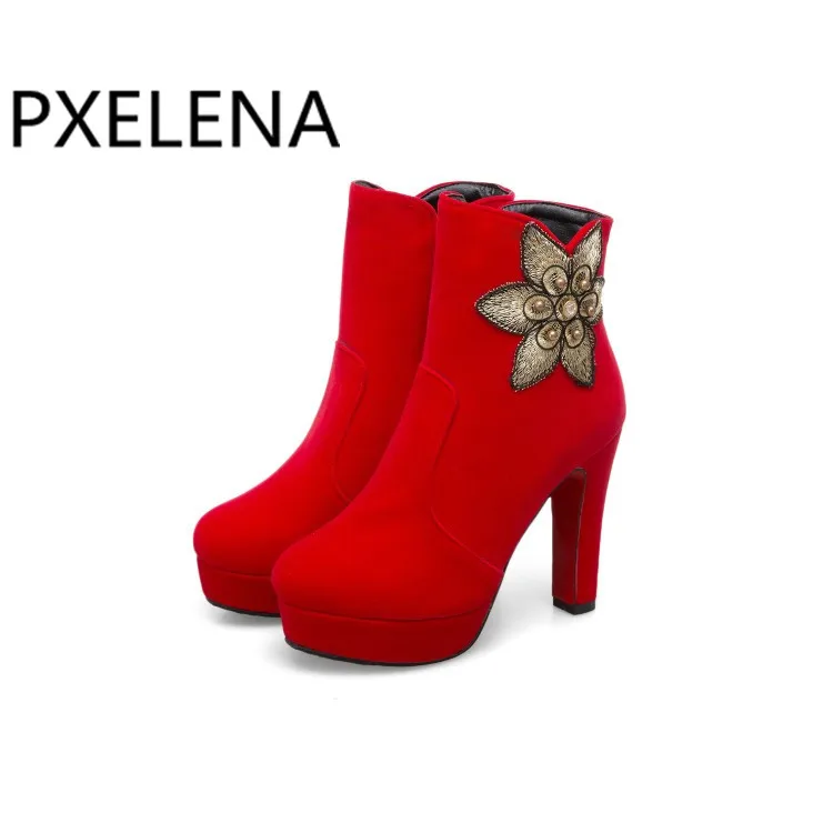 Цветочные Модные ботильоны PXELENA черные красные свадебные ботинки для невесты
