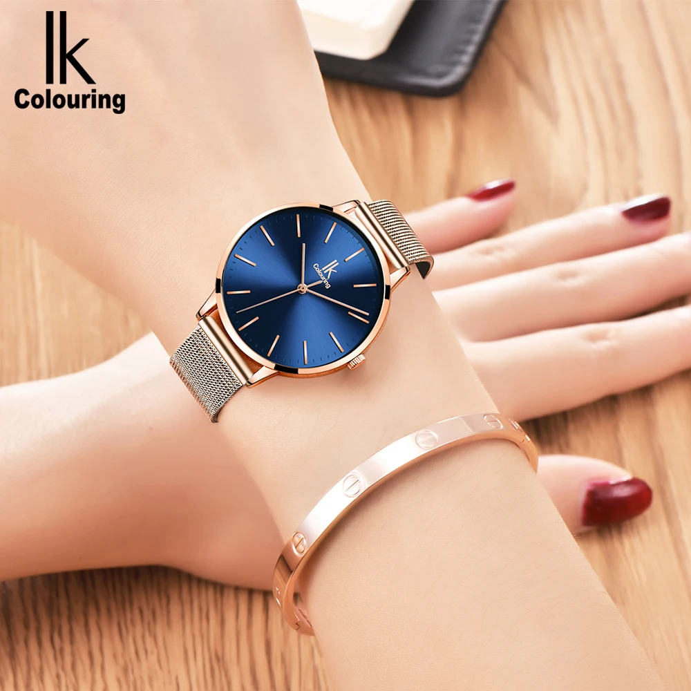 К окрашивание дамы кварцевые наручные часы тонкий корпус женские с сеткой из