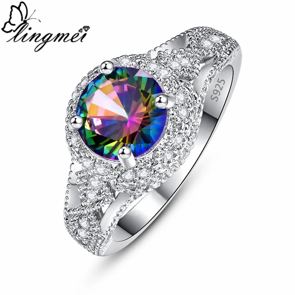 

lingmei New Comes Round Multicolor & Sea Blue White CZ Silver Color Ring Size 6-9 Fashion Elegant Anniversary Women Jewelry