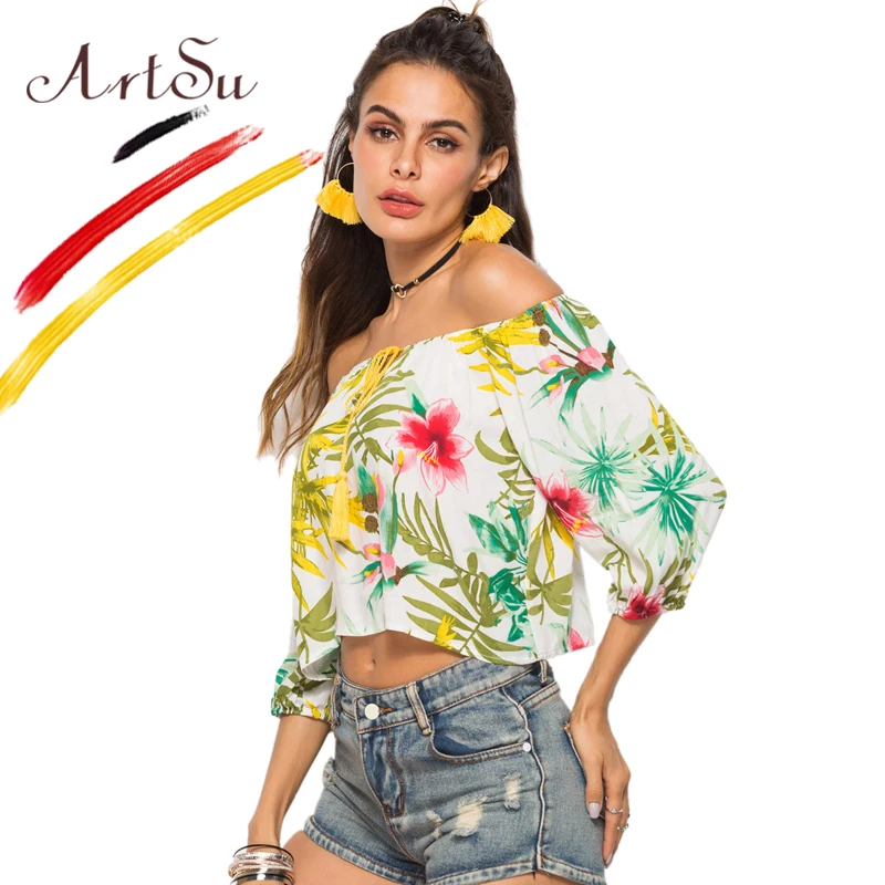 ArtSu Women Three Quarter Spring Summer Blouse 2019 Boho Sexy Off Shoulder Crop Top Casual Beach Floral Print Shirt Blusas Mujer |