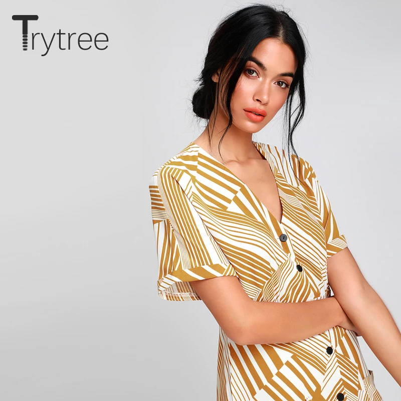 Trytree Лето Осень женское платье повседневное Полосатое с v образным вырезом