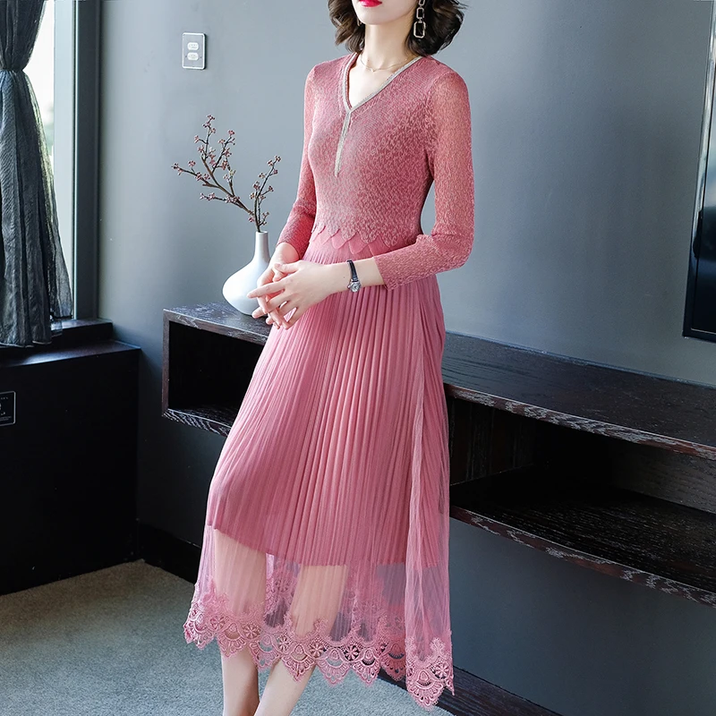 Женское кружевное платье со складками элегантное винтажное ажурное