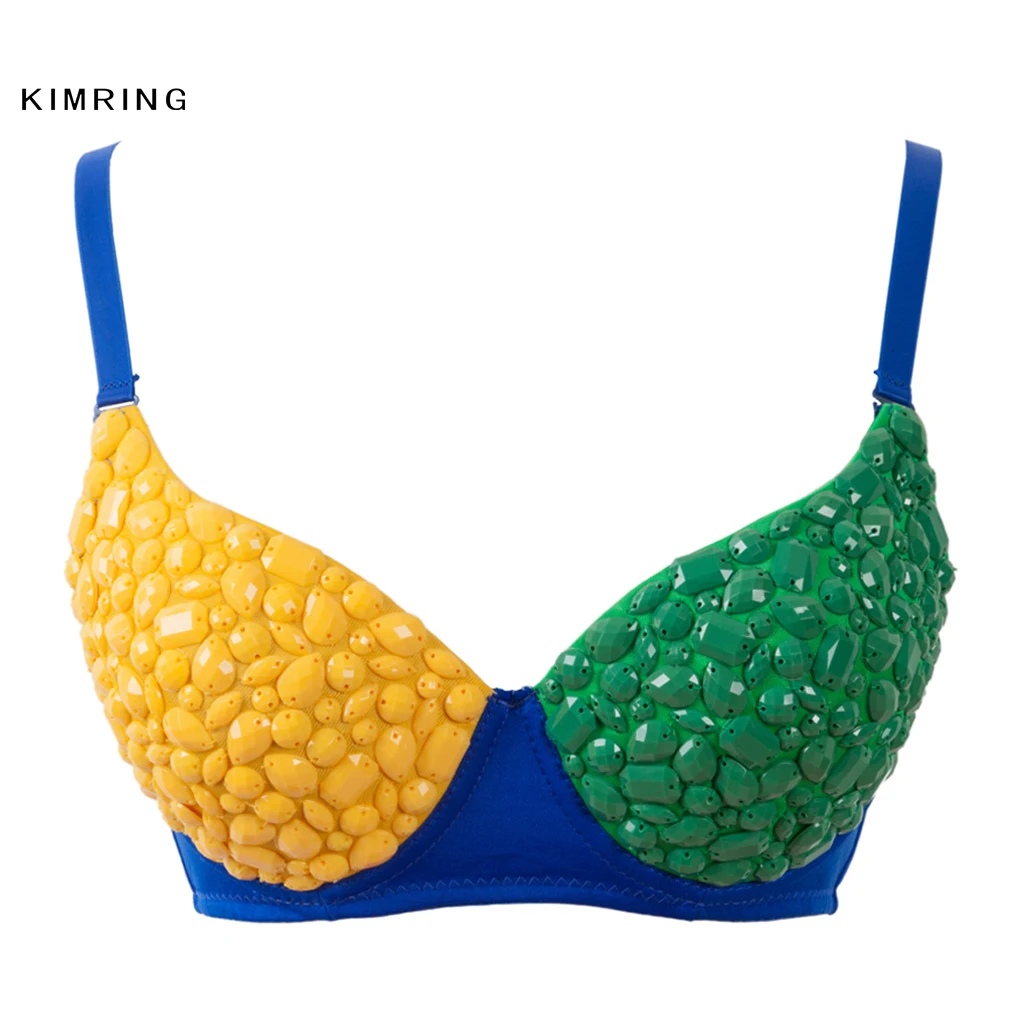 Kimring мода драгоценные камни бюстгальтер Funky зеленый и желтый в стиле панк Рок Топ