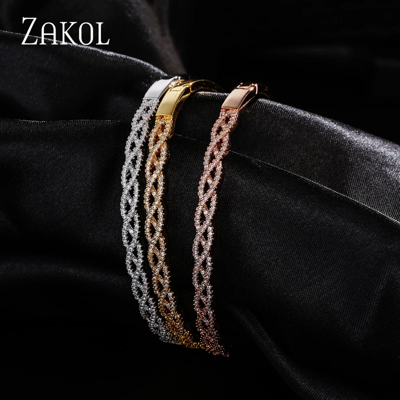 Женский браслет ZAKOL роскошный из розового золота с фианитами ААА для свадебной
