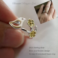 size 6 cute bird flowers 925 sterling silver open rings for girls retro vintage style silver jewelry small adjustable ring