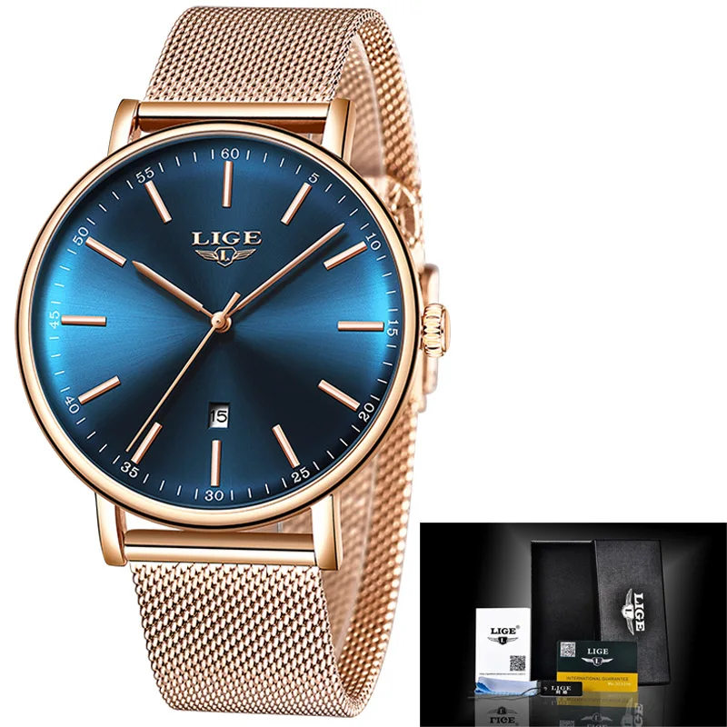 Rose gold blue LIGE, женские часы, Лидирующий бренд, Роскошные, для девушек, с сетчатым ремешком, ультра-тонкие часы, нержавеющая сталь, водонепроницаемые часы, кварцевые часы, Reloj Mujer - Цвет: Rose gold blue