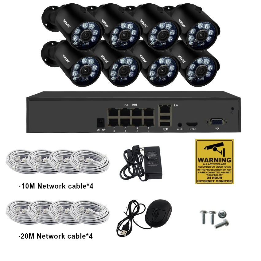 Камера видеонаблюдения smh.265 8 каналов 2 МП 4 канала POE NVR 1080P IP|Система наблюдения| |