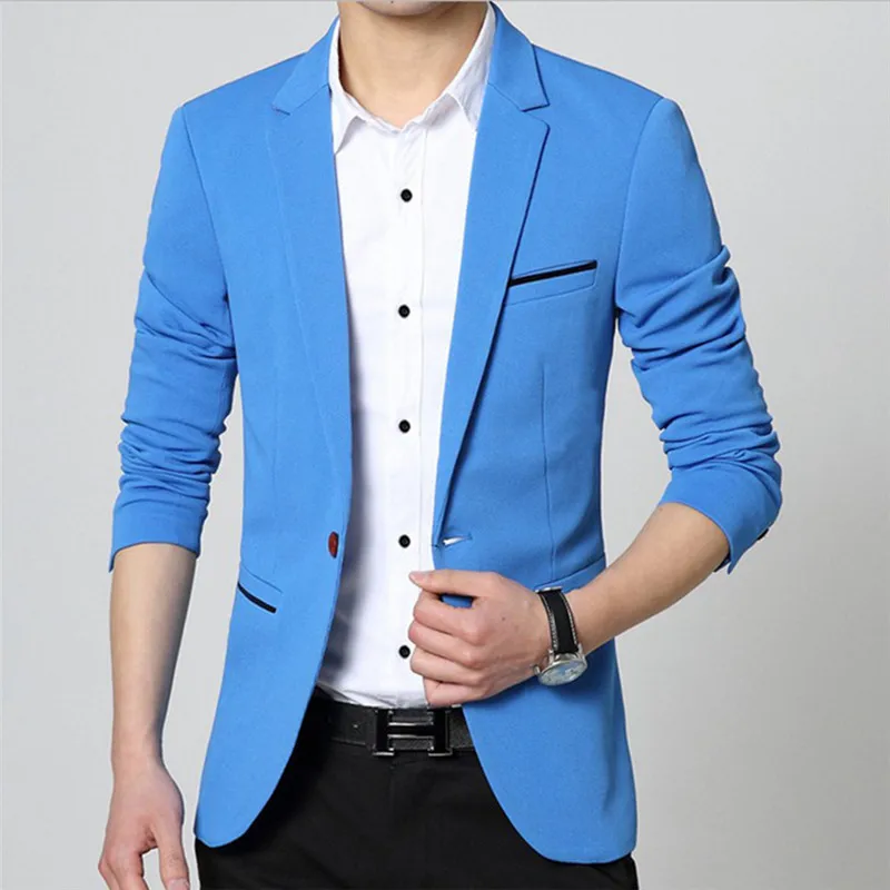 Для мужчин корейский Slim Fit Мода хлопок Блейзер костюм куртка цвет: черный, синий бежевый плюс Размеры м до 5xl мужской Пиджаки для женщин Для мужчин пальто куртка Костюмы - Цвет: Sky blue