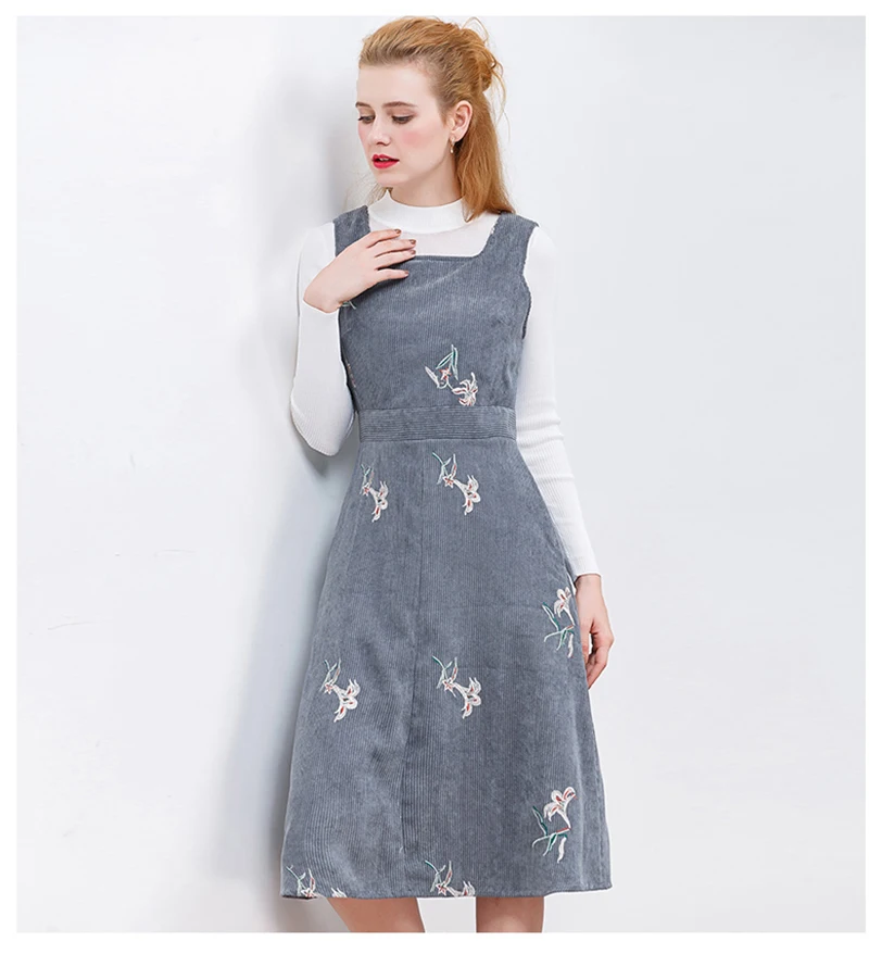 HELIAR Winter Sleeveless Embroidery Corduroy Dress Elegant Women Velvet Dress A-Line Dresses Pocket Grey Vintage Vestidos