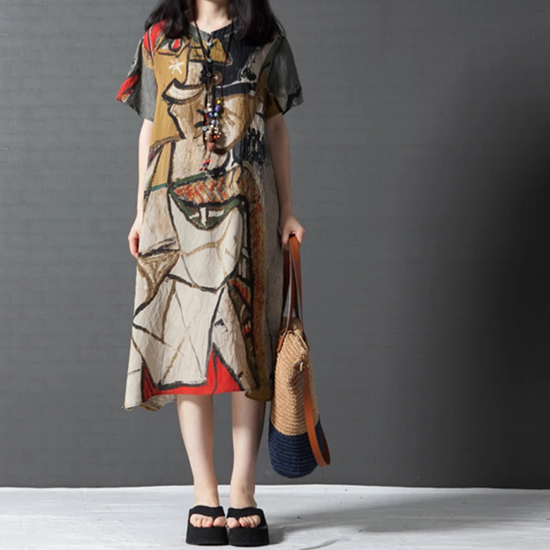 Женское платье большого размера комфортное с принтом и коротким рукавом из