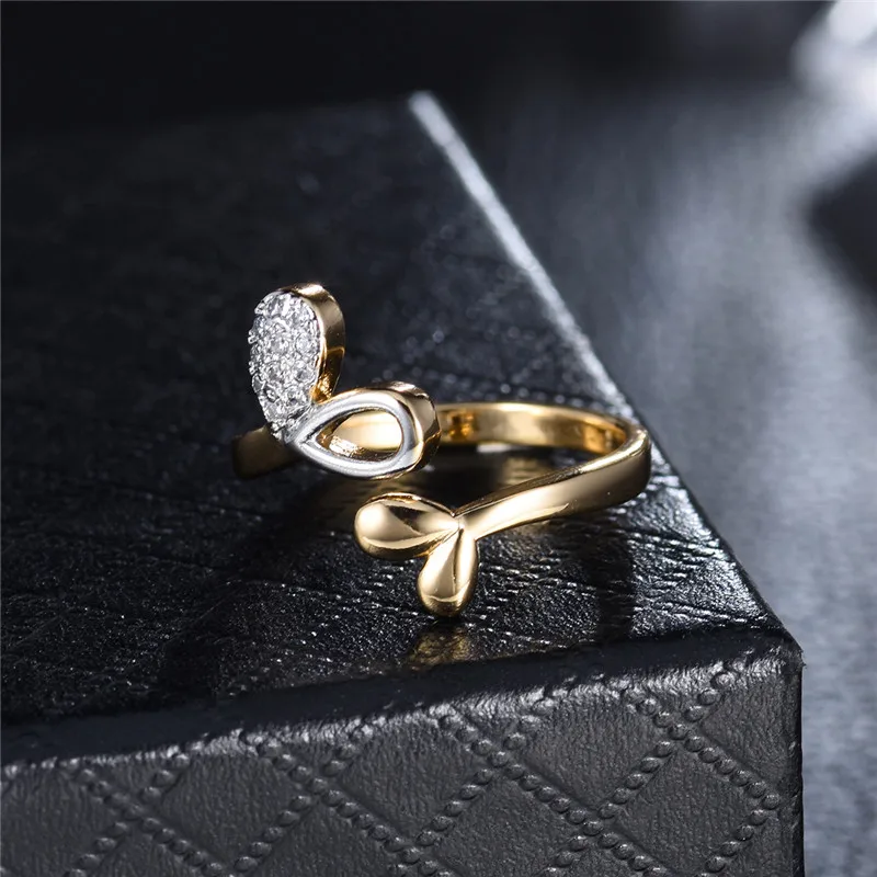 BUDONG Vintage New Arrival Adjustable Classic Loving Leaf CZ Gold Color Open Ring Beautiful Women Party Wedding Jewelry XUR673 | Украшения