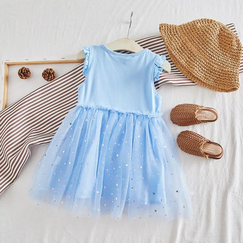 Summer Children's Short Sleeve Patchwork Star Mesh Ball Gown Dress Princess Party Tutu Girls Dresses Vestidos | Детская одежда и