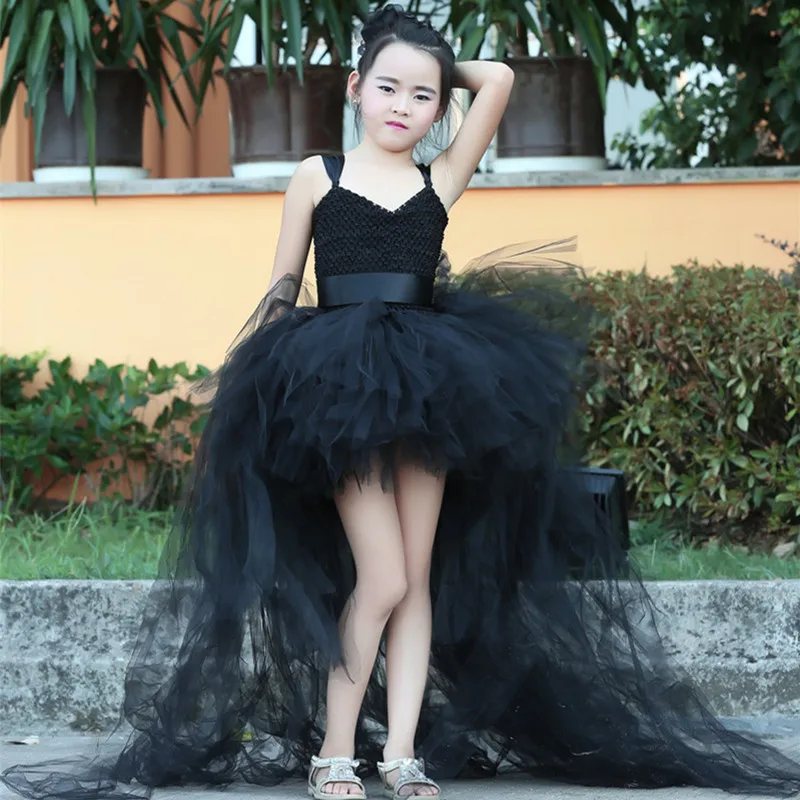 Черное платье-пачка для девочек со шлейфом Тюлевое бальное платье детское с