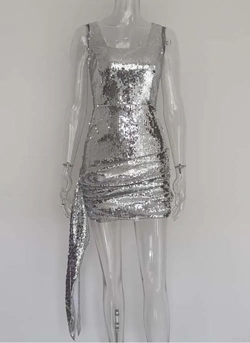Silver Sequin Dress JillPeri, без рукавов, с блестками, микро платье, цветочный, с рюшами, стрейч, для ночного клуба, блестящий костюм, Драпированное Короткое мини-платье для дня рождения - Цвет: Silver Sequin Dress