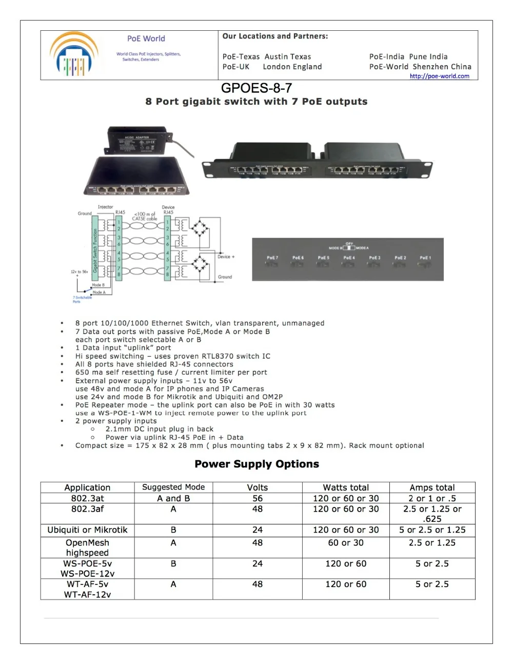 8-портовый неуправляемый гигабитный коммутатор Ethernet PoE для устройств 802.3af/24В с 24v60w