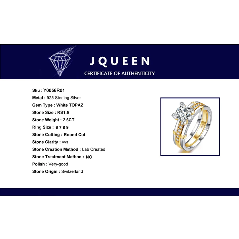 JQUEEN, 2 шт./лот, 925 пробы, серебряное кольцо, 18 К, позолота, хвост, кольцо, 2.6ct, топаз, Настоящее серебро, пара, обручальные кольца для женщин