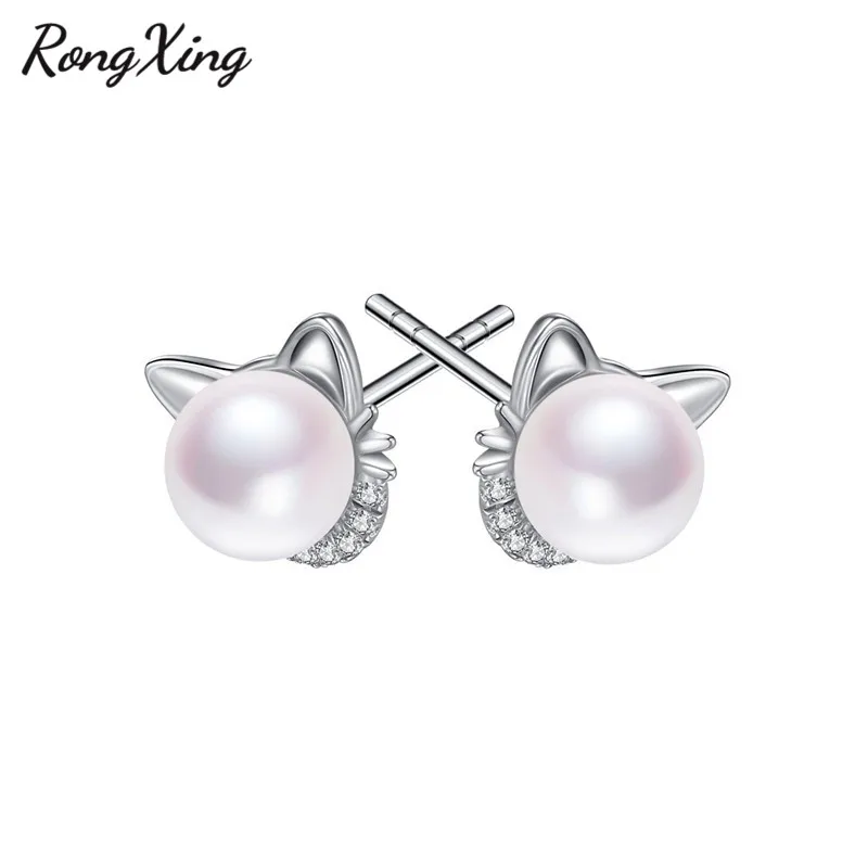 Женские серьги гвоздики RongXing с милым животным жемчугом и котом серебряные