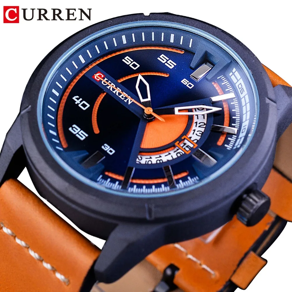 

CURREN Orange Genuine Leather Belt 2018 Locomotive Steampunk Design Motorcycle Mens Sport Quartz Watches Top Brand Luxury Clock