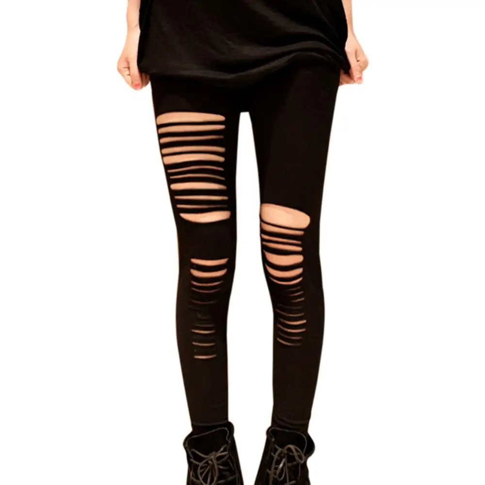 Сексуальные черные модные брюки карандаш с вырезами леггинсы в горизонтальную