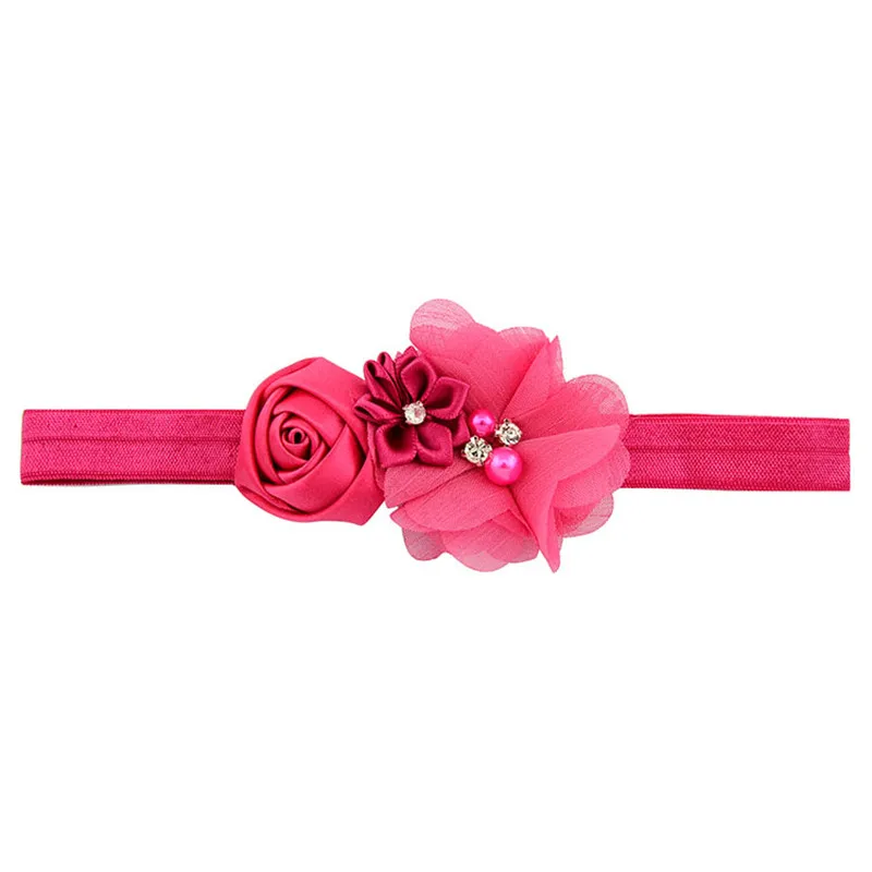 28 Rose Red Лента, шифон, цветы, жемчуг, эластичная повязка на голову со стразами, для новорожденных, повязка на голову, аксессуары для волос, повязка на голову для девочек - Цвет: 28 Rose Red
