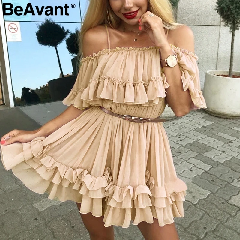 BeAvant Плиссированное шифоновое летнее платье, женское элегантное короткое платье с открытыми плечами, женское пляжное свободное мини-платье розового цвета