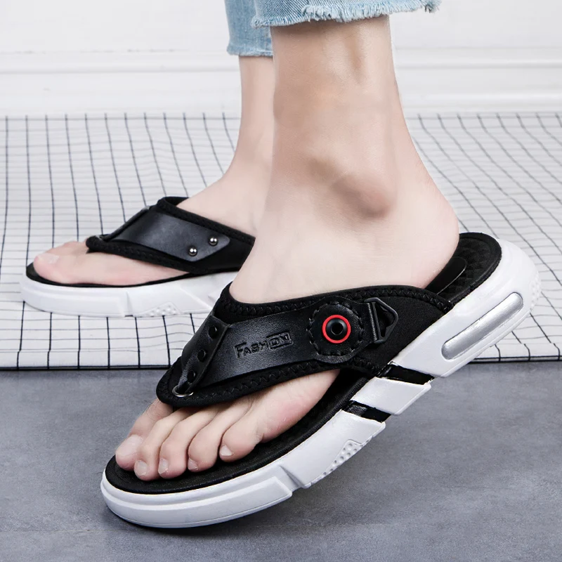 Comfortable Summer Flip Flops Soft Men Shoes Leather Casual Slippers Black Sandals Bathing Beach | Обувь