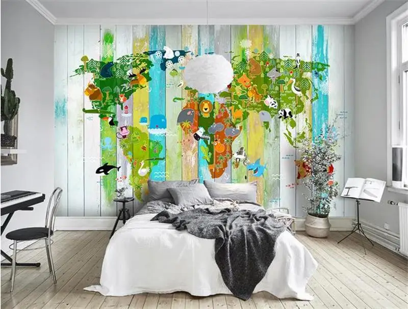 3d фотообои на заказ для кровати комнаты настенные Мультяшные животные Карта мира