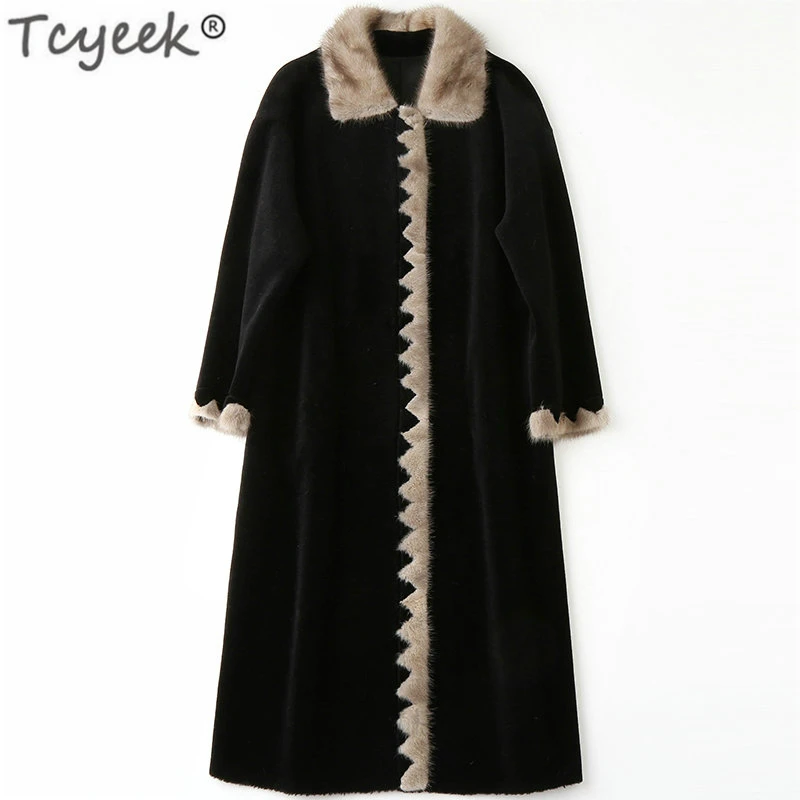 

Tcyeek Sheep Shearing Fur Coat Winter Jacket Women Natural Wool Parka Real Mink Fur Collar Autumn Spring Long Clothes LWL1369