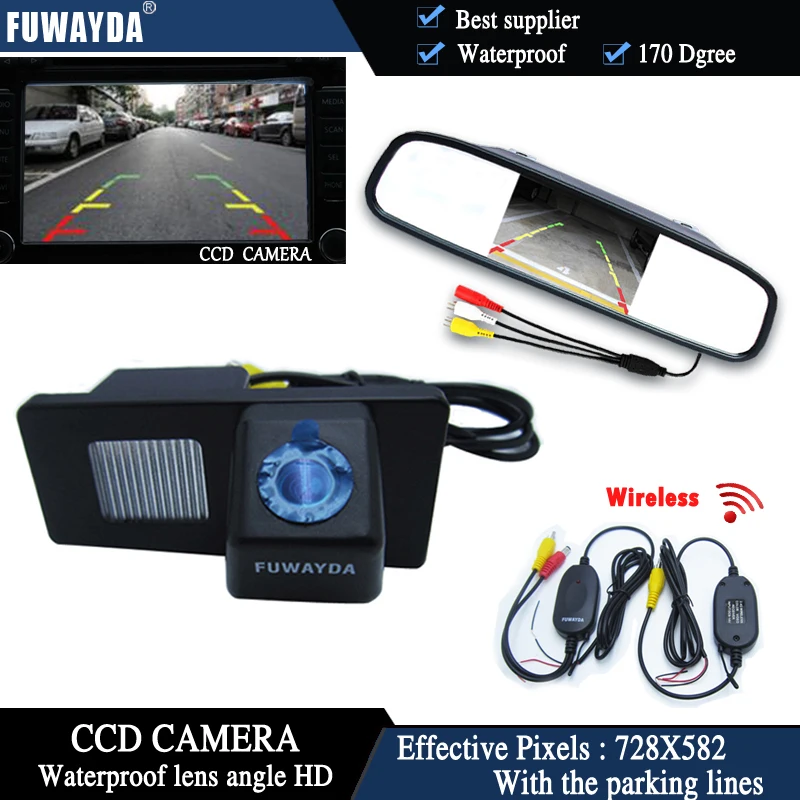 

FUWAYDA Wireless Color CCD Chip Car Rear View Camera for Ssangyong Rexton Ssang yong Kyron + 4.3 Inch rearview Mirror Monitor